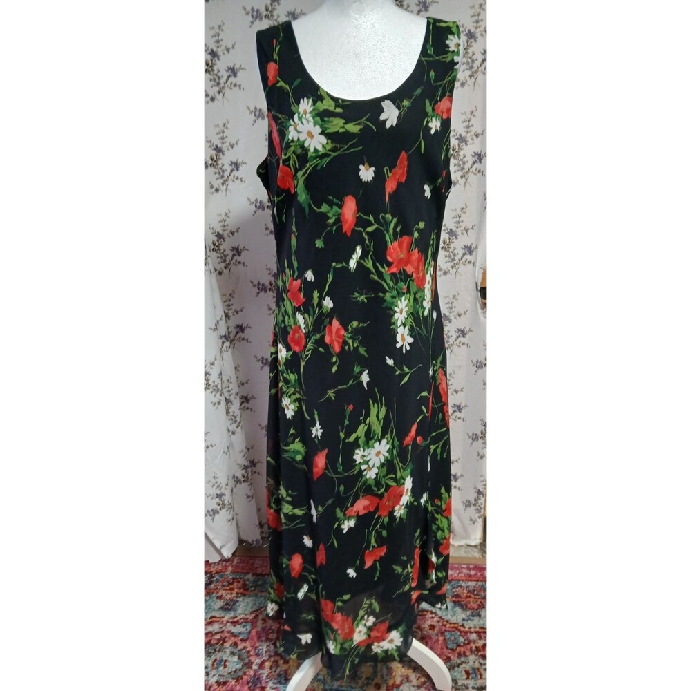 R&K Originals Long Black Sleeveless Dress w/Red & White Floral 16 NWT